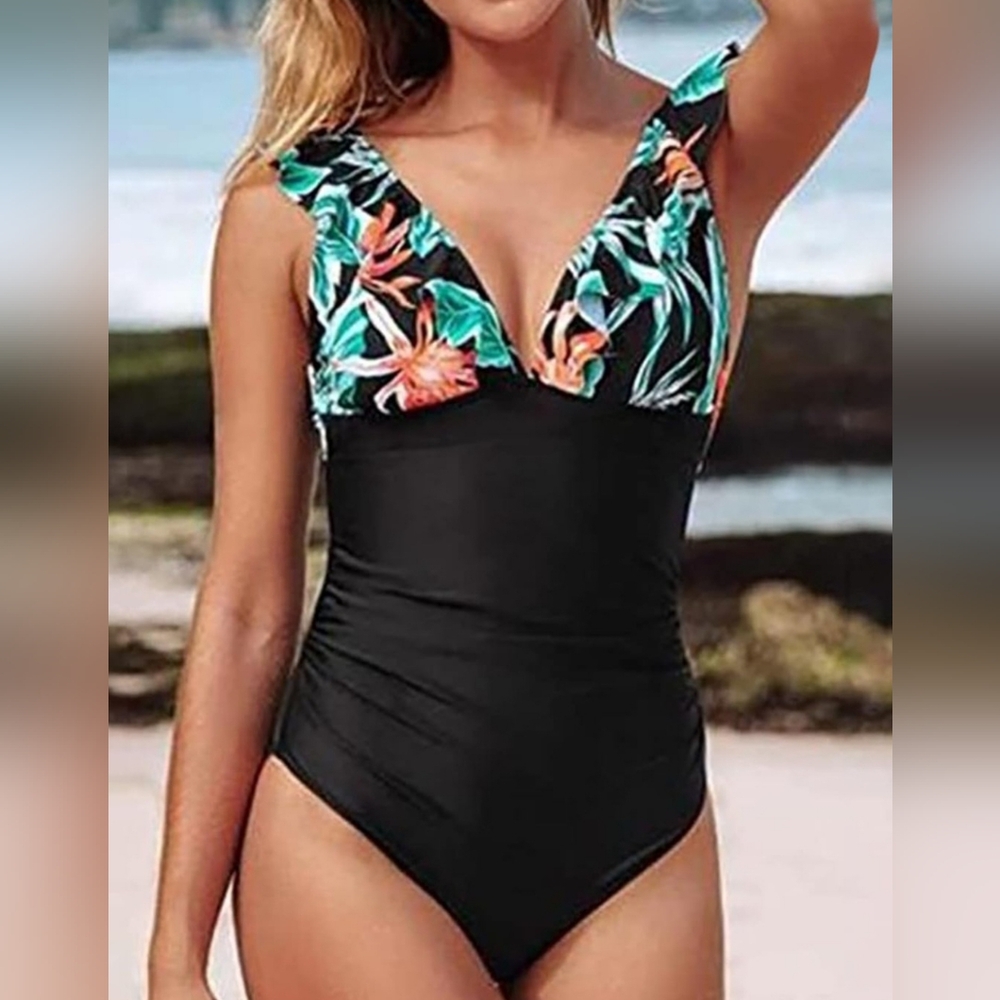 NWT. Cupshe Tropical Floral Ruffled Shoulder Black One Piece Swimsuit
